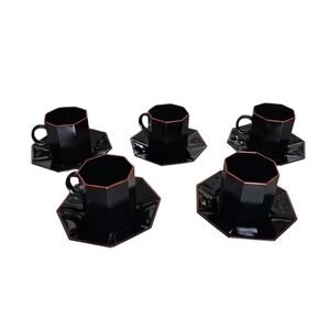 VTG 80s Arcoroc France Black Glass Octagon Demitasse Cup‎ Saucer 5 Sets Red Trim